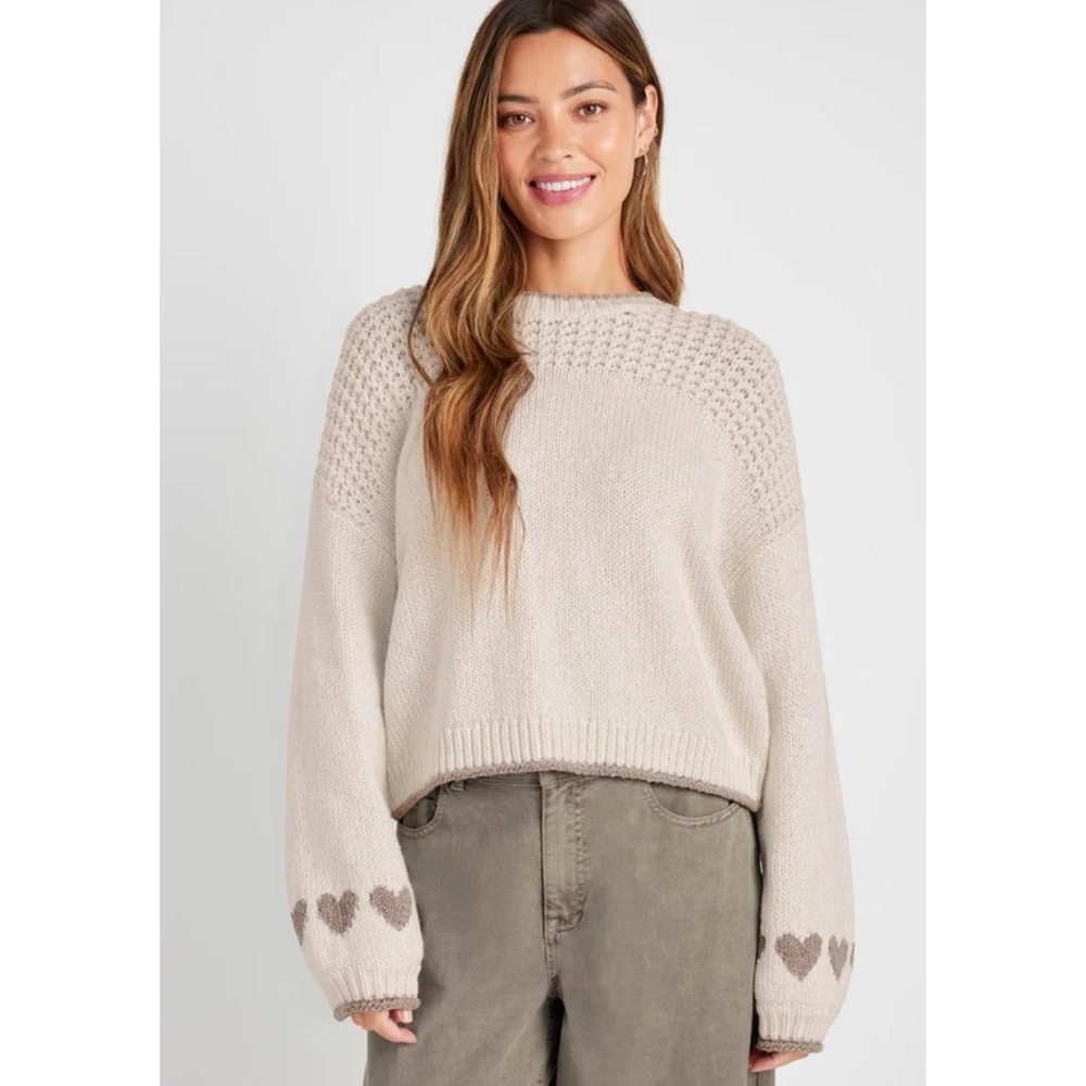 Splendid Charity Hearts Sweater Oat Heather Intarsia Knit Medium